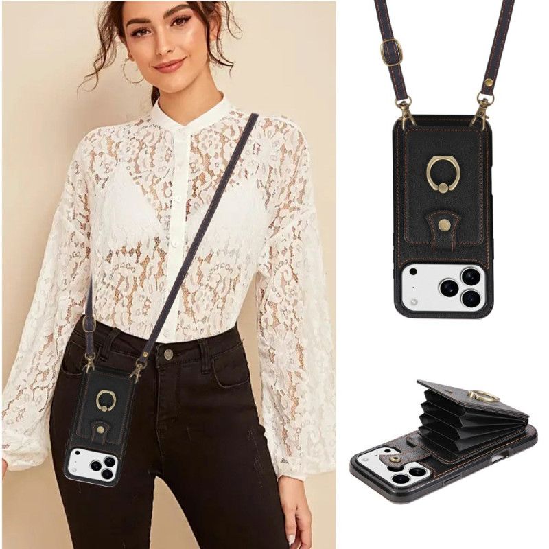 Cover iPhone 17 Pro Max Lædereffekt Med Kortholder Og Håndledsrem