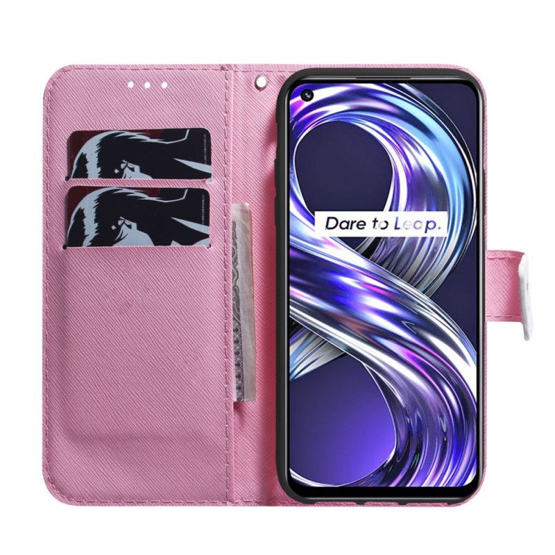 Læder Cover Realme 8i Telefon Etui Gammel Lyserød Blomst