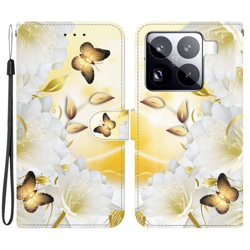 Læder Cover Xiaomi 15 Pro Guldsommerfugle Og Hvide Blomster
