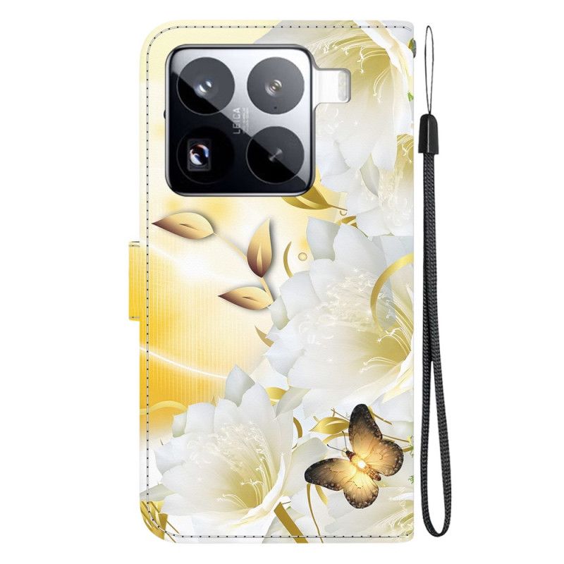 Læder Cover Xiaomi 15 Pro Guldsommerfugle Og Hvide Blomster