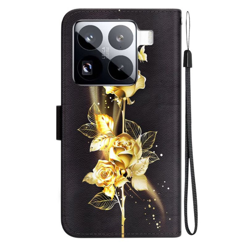 Læder Cover Xiaomi 15 Pro Guldsommerfugle Og Lyserød