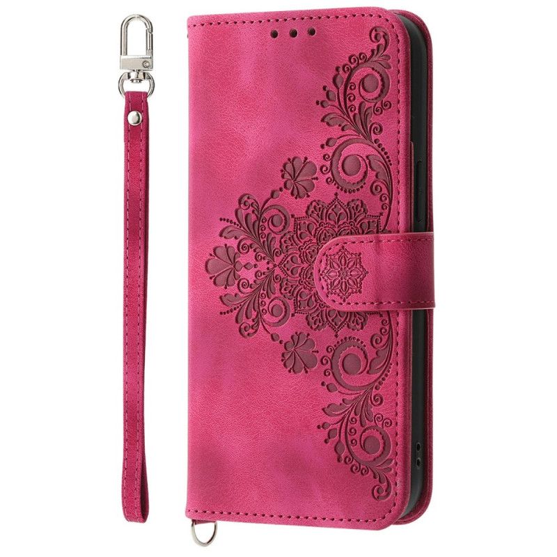 Læder Cover Xiaomi 15 Pro Telefon Etui Blomstermønster Med Ruskindseffekt Rem Og Skulderrem