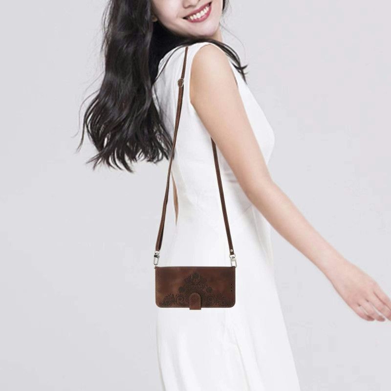 Læder Cover Xiaomi 15 Pro Telefon Etui Blomstermønster Med Ruskindseffekt Rem Og Skulderrem