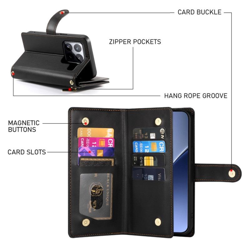 Læder Cover Xiaomi 15 Pro Telefon Etui Pung Med Rem Og Skulderrem