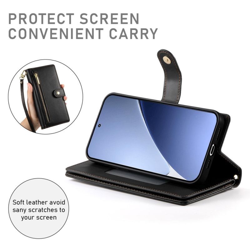 Læder Cover Xiaomi 15 Pro Telefon Etui Pung Med Rem Og Skulderrem