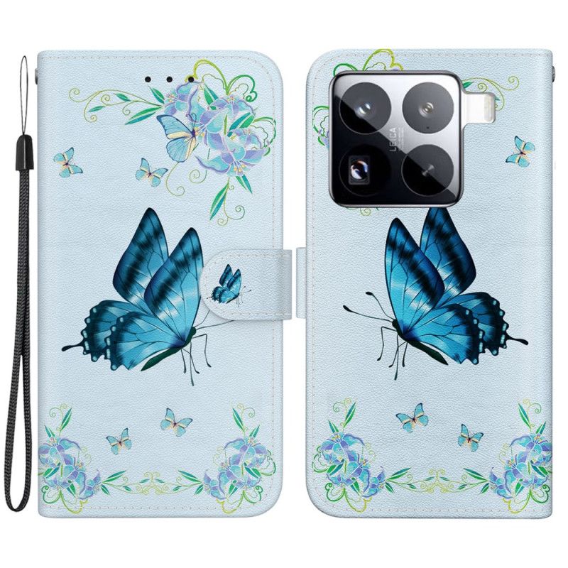 Læder Cover Xiaomi 15 Pro Telefon Etui Sommerfugl Og Blå Blomster