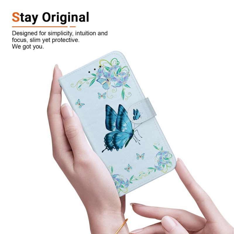 Læder Cover Xiaomi 15 Pro Telefon Etui Sommerfugl Og Blå Blomster