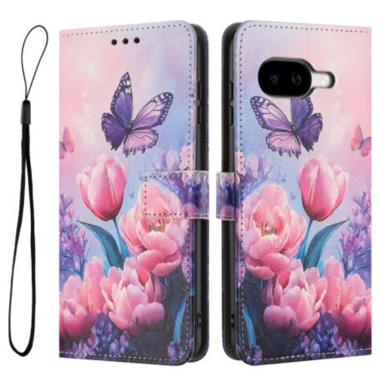 Flip Cover Google Pixel 10a Sommerfugle Og Lyserøde Blomster
