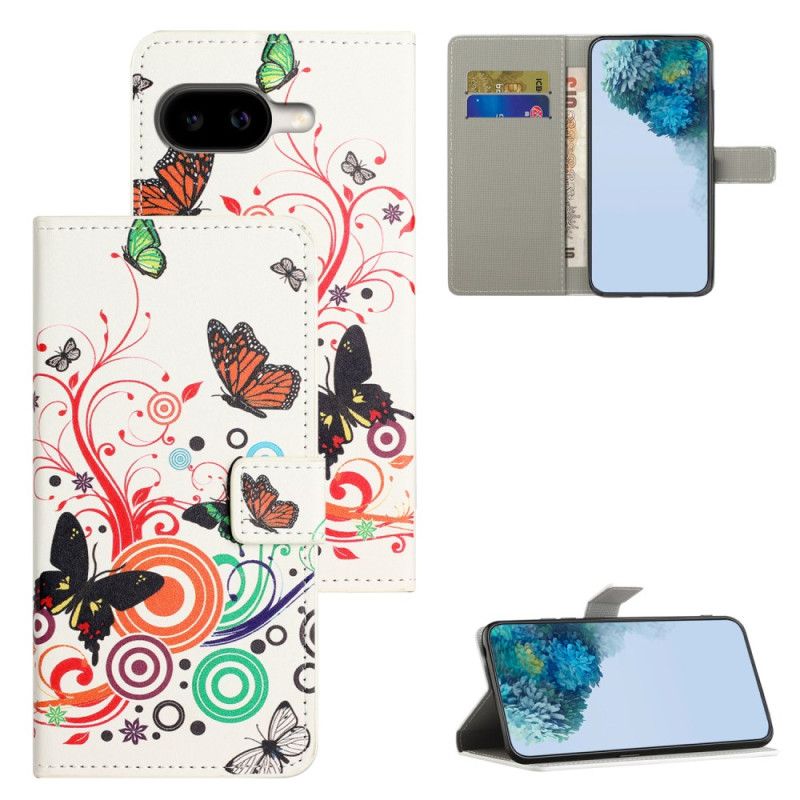Læder Cover Google Pixel 10a Telefon Etui Sommerfugle På En Hvid Baggrund