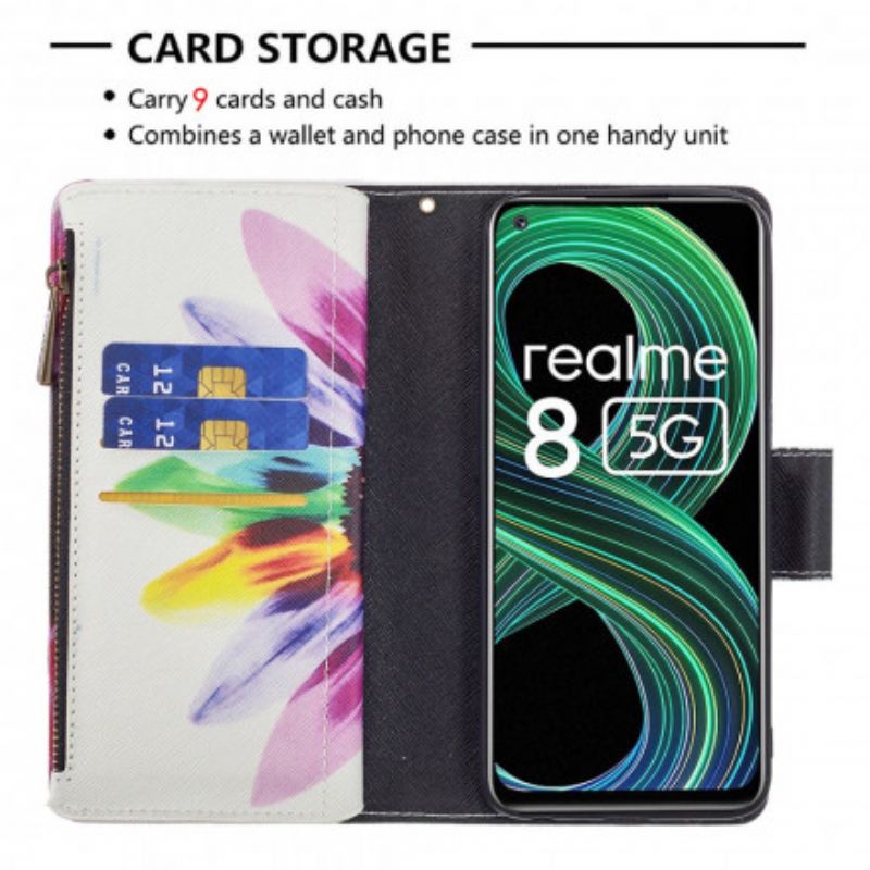Læder Cover Realme 8 5g Telefon Etui Blomsterlomme Med Lynlås
