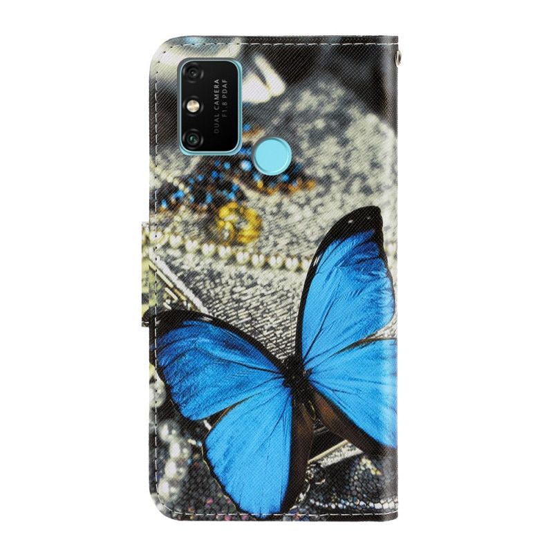 Flip Cover Honor 9A Mørkeblå Sommerfuglvariationer Med Rem