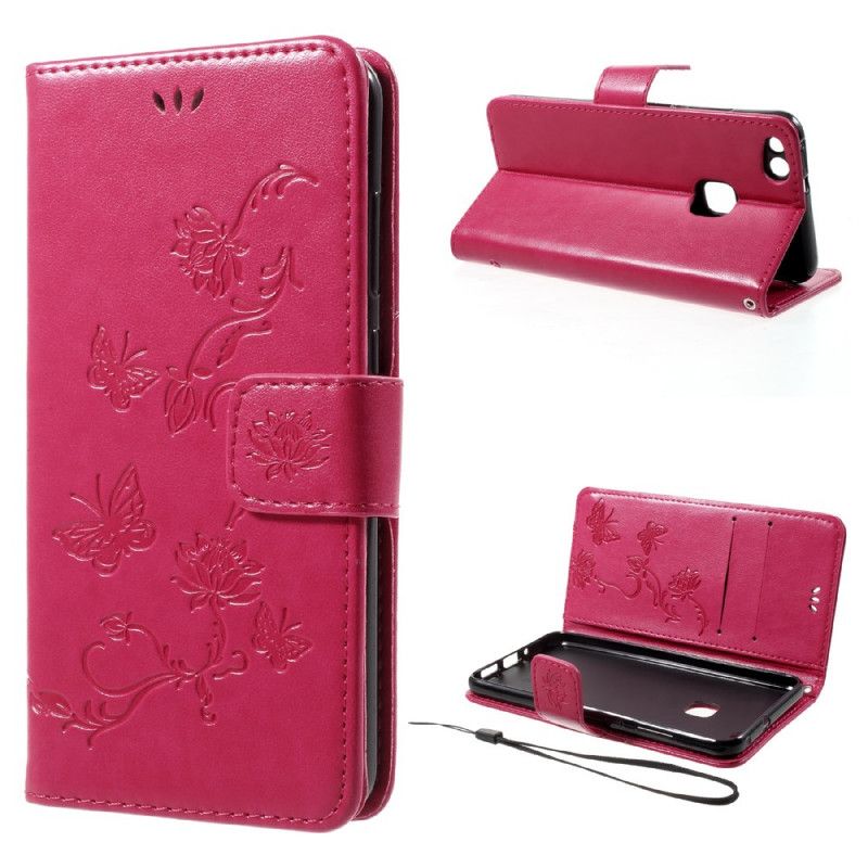 Flip Cover Læder Huawei P10 Lite Rose Sommerfugle Og Tanga Blomster Original