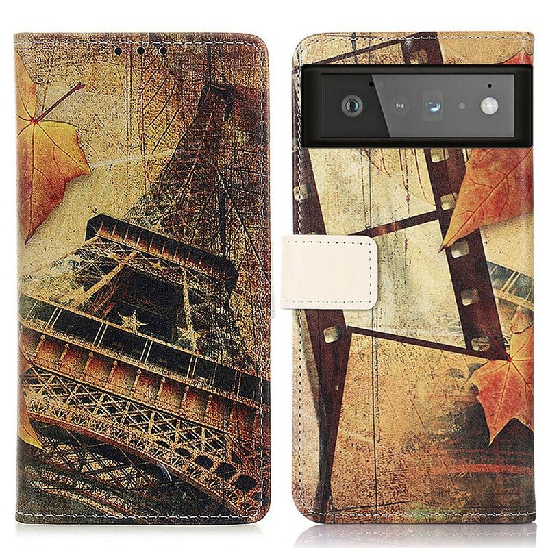 Læder Cover Google Pixel 6 Telefon Etui Eiffeltårnet I Efteråret