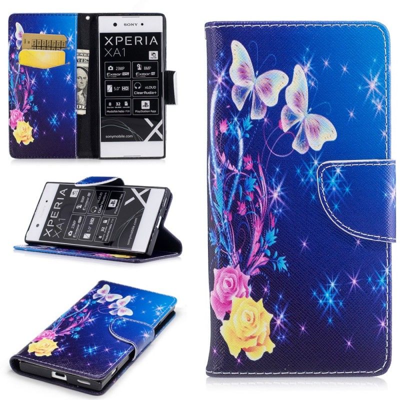 Flip Cover Læder Sony Xperia XA1 Pink Sommerfugle Om Natten