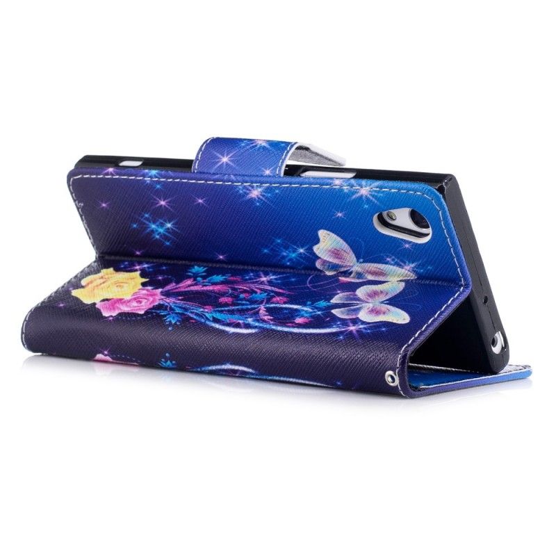 Flip Cover Læder Sony Xperia XA1 Pink Sommerfugle Om Natten