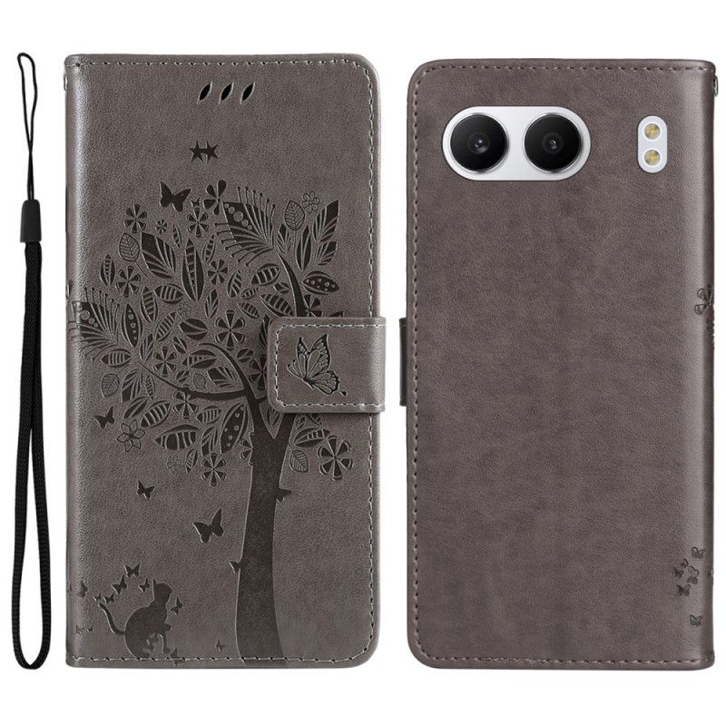 Læder Cover Oneplus Nord 4 Telefon Etui Træ Og Kat