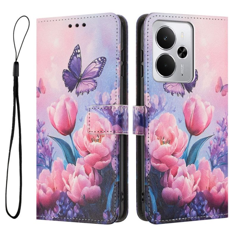 Flip Cover Realme 14t 5g Lyserøde Blomster Og Sommerfugle