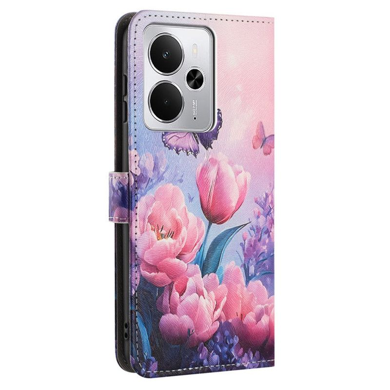 Flip Cover Realme 14t 5g Lyserøde Blomster Og Sommerfugle