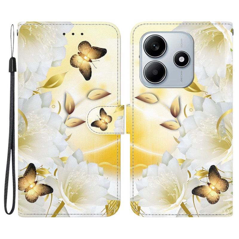 Flip Cover Xiaomi Redmi Note 14 5g Guldsommerfugle Og Hvide Blomster