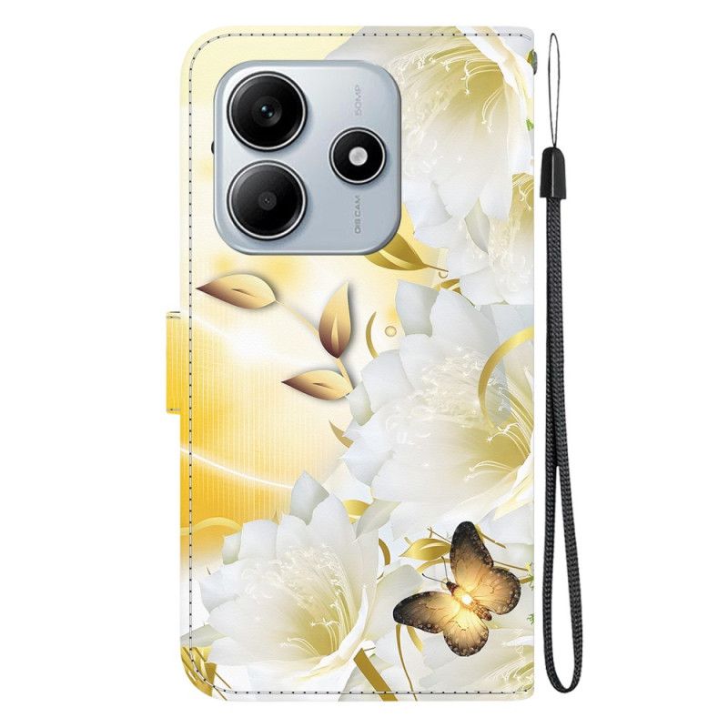Flip Cover Xiaomi Redmi Note 14 5g Guldsommerfugle Og Hvide Blomster