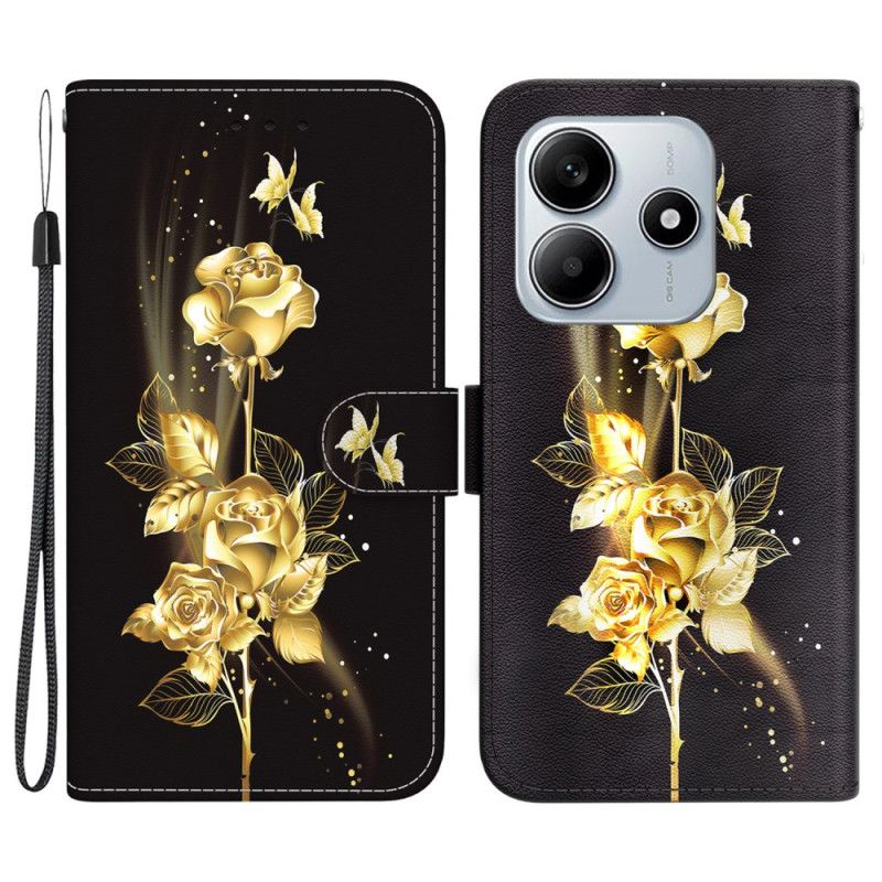Læder Cover Xiaomi Redmi Note 14 5g Telefon Etui Guldsommerfugle Og Rose