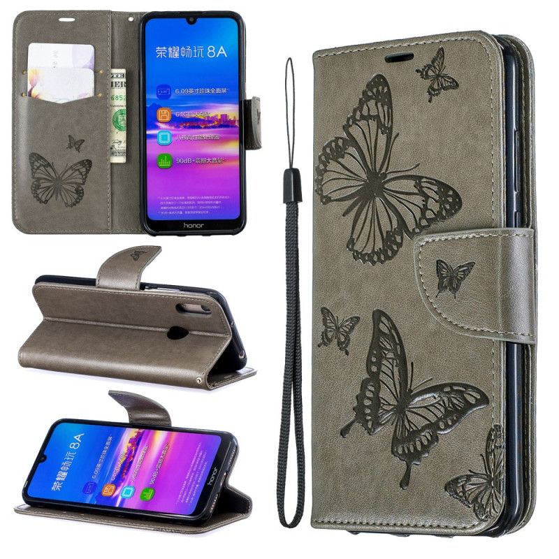 Flip Cover Læder for Huawei Y6 2019 Grå Sommerfugle Og Skrå Klap