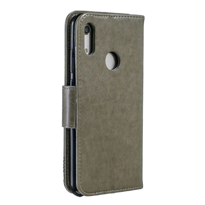 Flip Cover Læder for Huawei Y6 2019 Grå Sommerfugle Og Skrå Klap