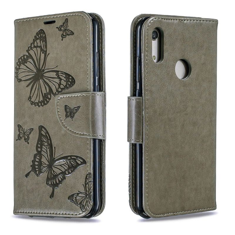 Flip Cover Læder for Huawei Y6 2019 Grå Sommerfugle Og Skrå Klap