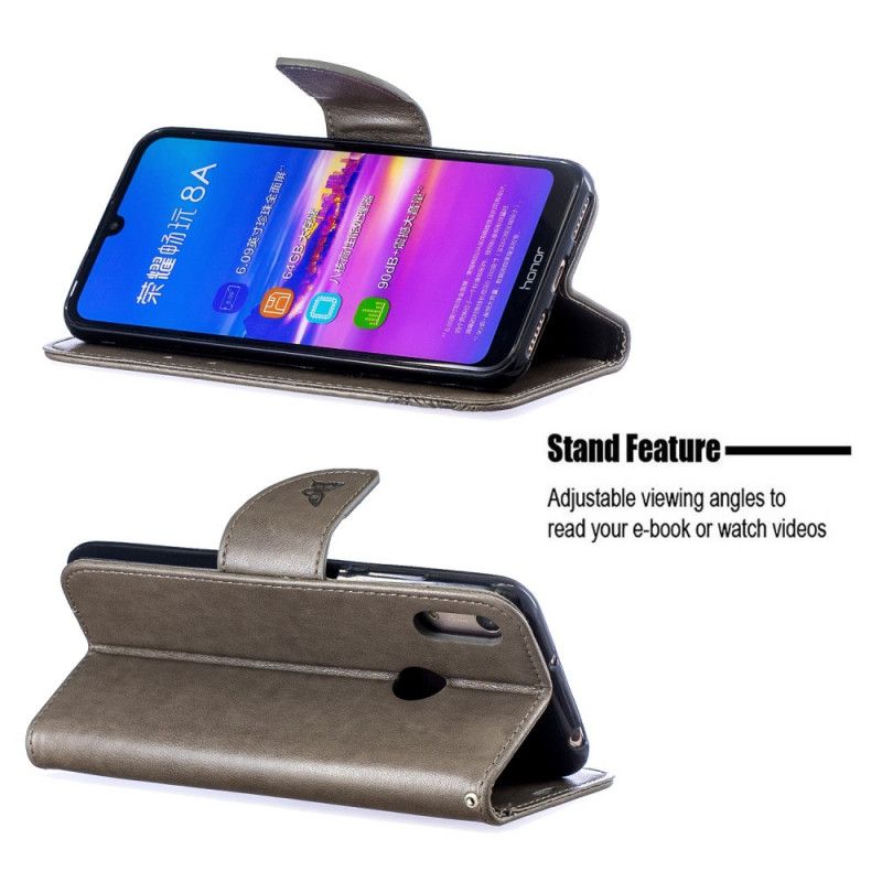 Flip Cover Læder for Huawei Y6 2019 Grå Sommerfugle Og Skrå Klap