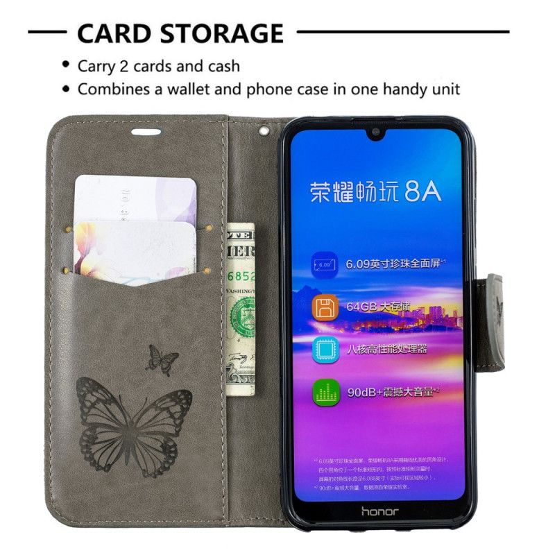 Flip Cover Læder for Huawei Y6 2019 Grå Sommerfugle Og Skrå Klap