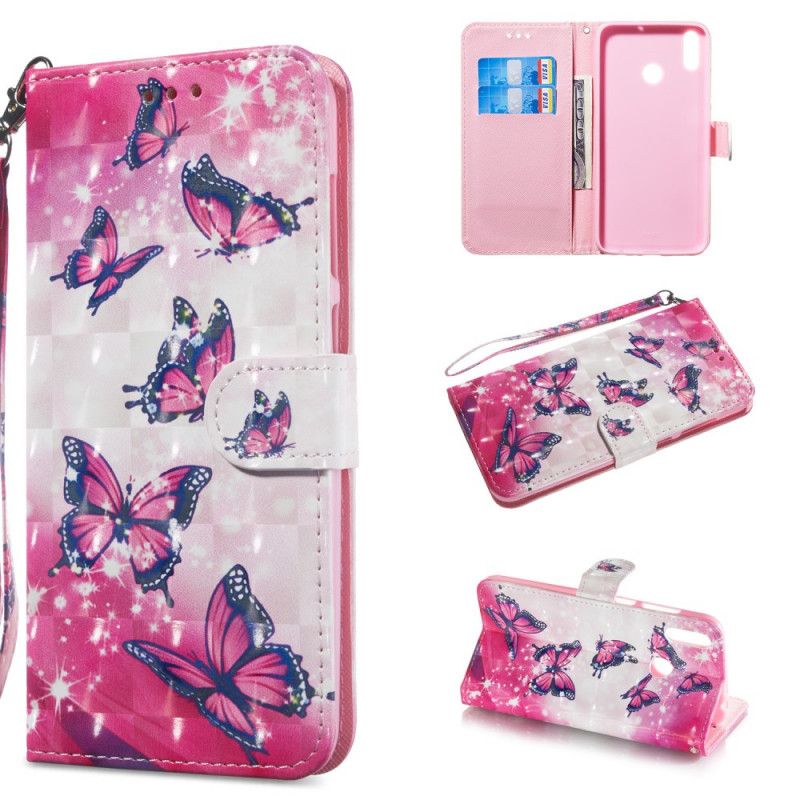 Flip Cover Læder Huawei Y6 2019 Røde Flyvende Sommerfugle
