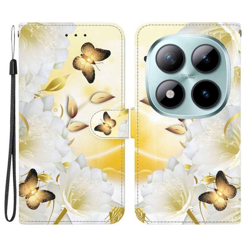Læder Cover Xiaomi Redmi Note 15 Pro 5g Gyldne Sommerfugle Og Hvide Blomster