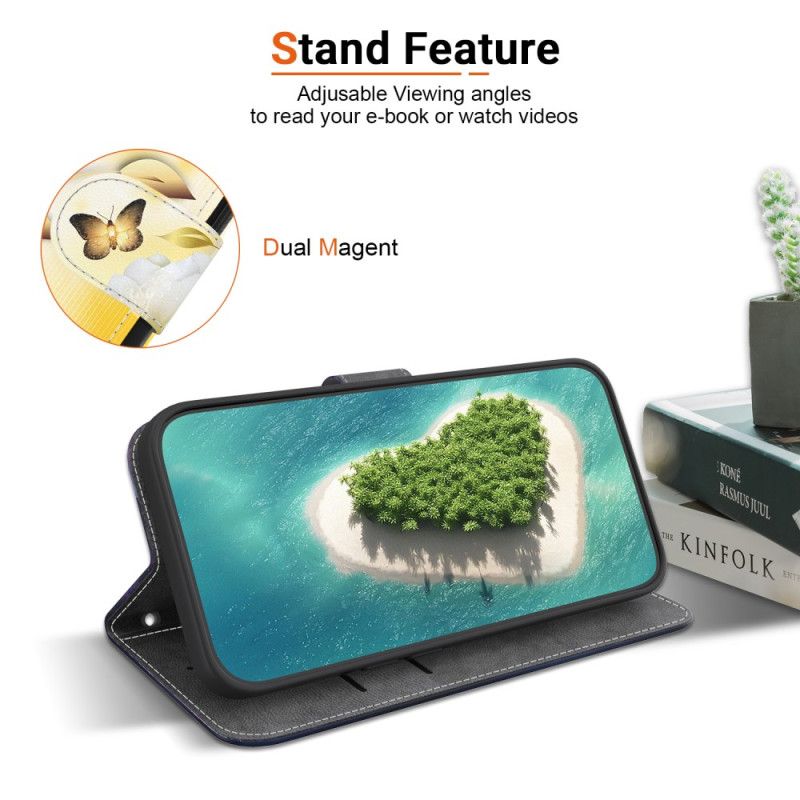 Læder Cover Xiaomi Redmi Note 15 Pro 5g Gyldne Sommerfugle Og Hvide Blomster