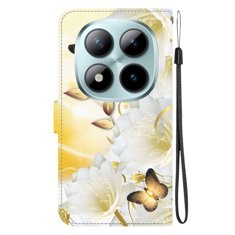 Læder Cover Xiaomi Redmi Note 15 Pro 5g Gyldne Sommerfugle Og Hvide Blomster