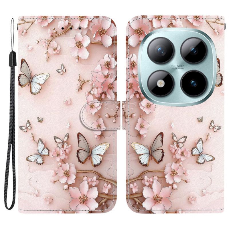 Læder Cover Xiaomi Redmi Note 15 Pro 5g Lyserøde Sommerfugle
