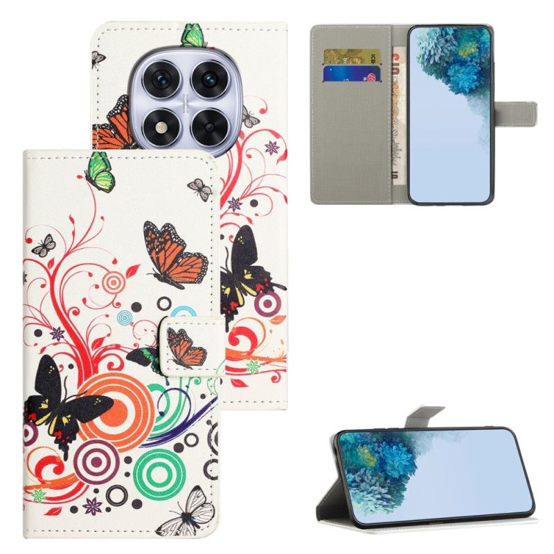 Læder Cover Xiaomi Redmi Note 15 Pro 5g Telefon Etui Sommerfugle På En Hvid Baggrund