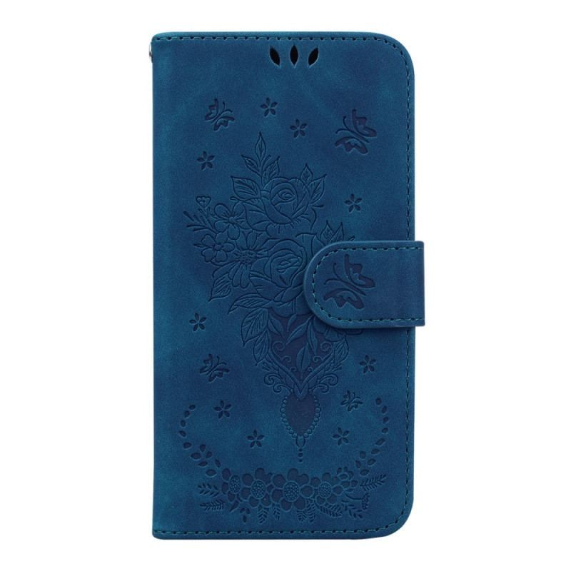 Læder Cover Samsung Galaxy A14 / A14 5G Med Snor Strappy Roser Og Sommerfugle