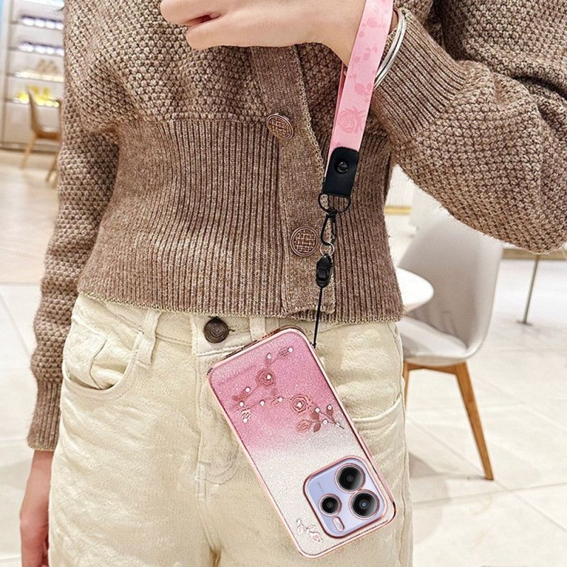 Cover Xiaomi Redmi Note 14 4g Rhinsten Og Blomster Med Snor