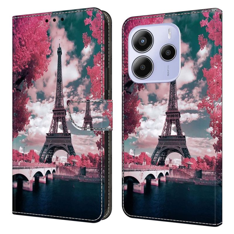 Flip Cover Til Xiaomi Redmi Note 14 4g Blomstermønster Med Eiffeltårnet