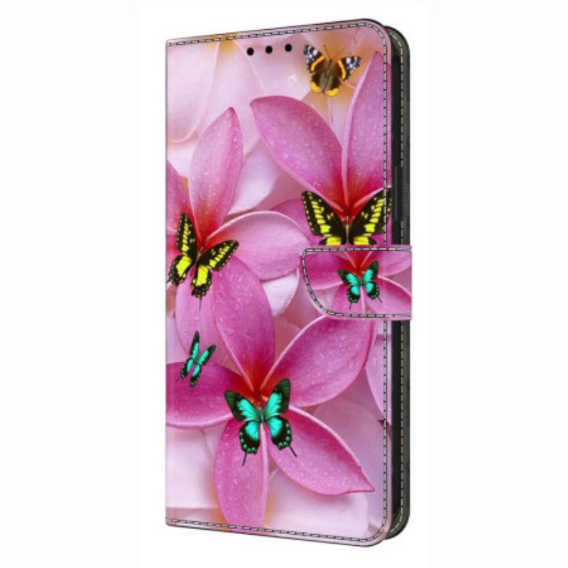 Flip Cover Til Xiaomi Redmi Note 14 4g Lyserøde Sommerfugle Og Blomster