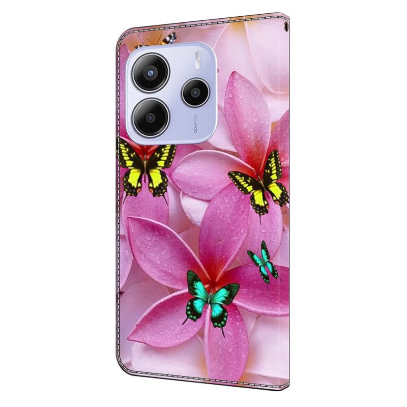 Flip Cover Til Xiaomi Redmi Note 14 4g Lyserøde Sommerfugle Og Blomster