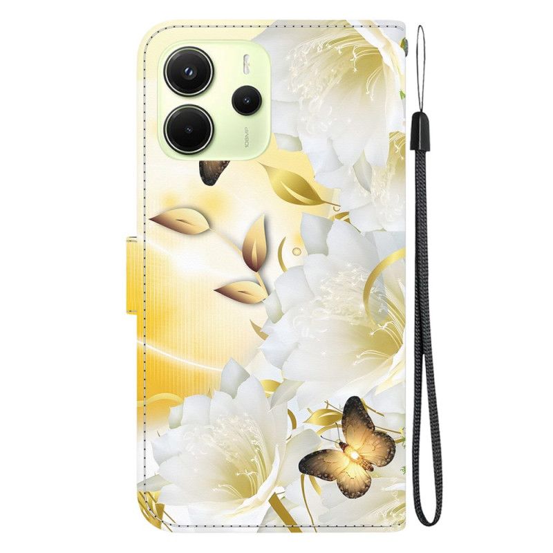 Læder Cover Xiaomi Redmi Note 14 4g Guld Sommerfugle Og Blomster