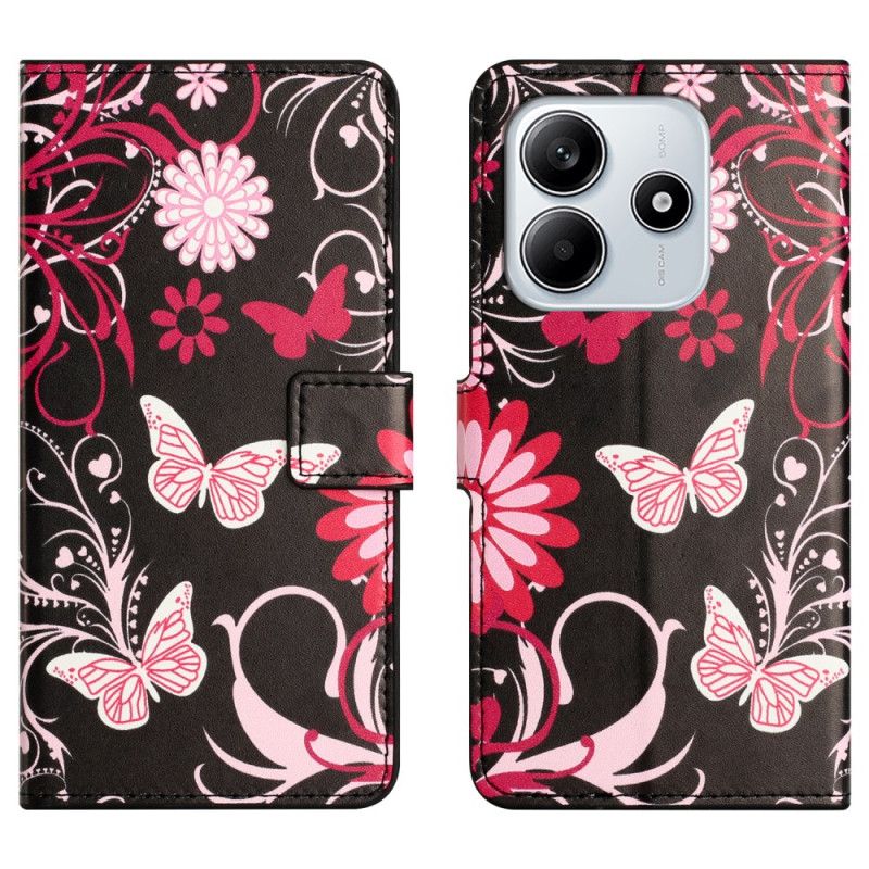 Læder Cover Xiaomi Redmi Note 14 4g Sommerfugle På Sort Baggrund