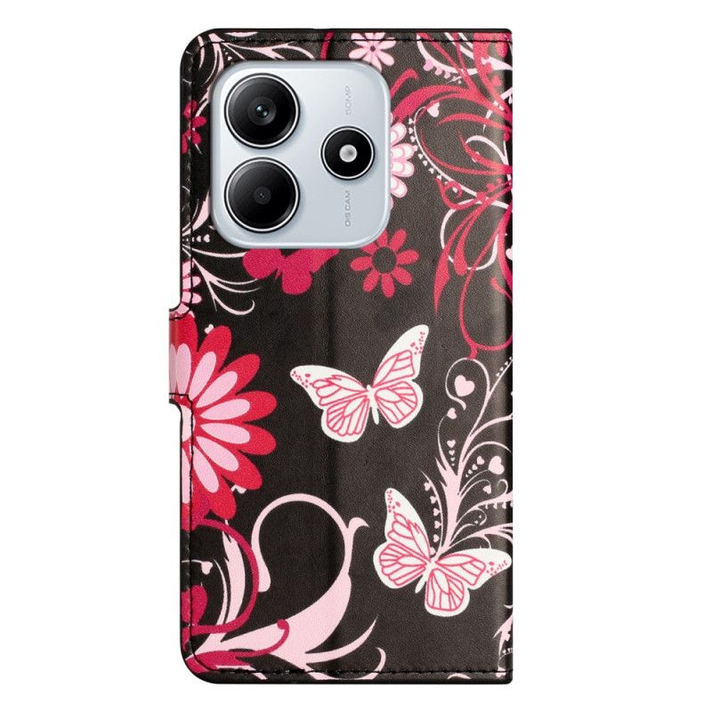 Læder Cover Xiaomi Redmi Note 14 4g Sommerfugle På Sort Baggrund