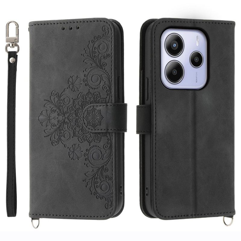 Læder Cover Xiaomi Redmi Note 14 4g Telefon Etui Blomstermønster Og Stropper