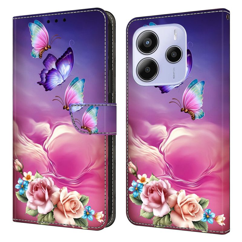 Læder Cover Xiaomi Redmi Note 14 4g Telefon Etui Blomstersommerfugle