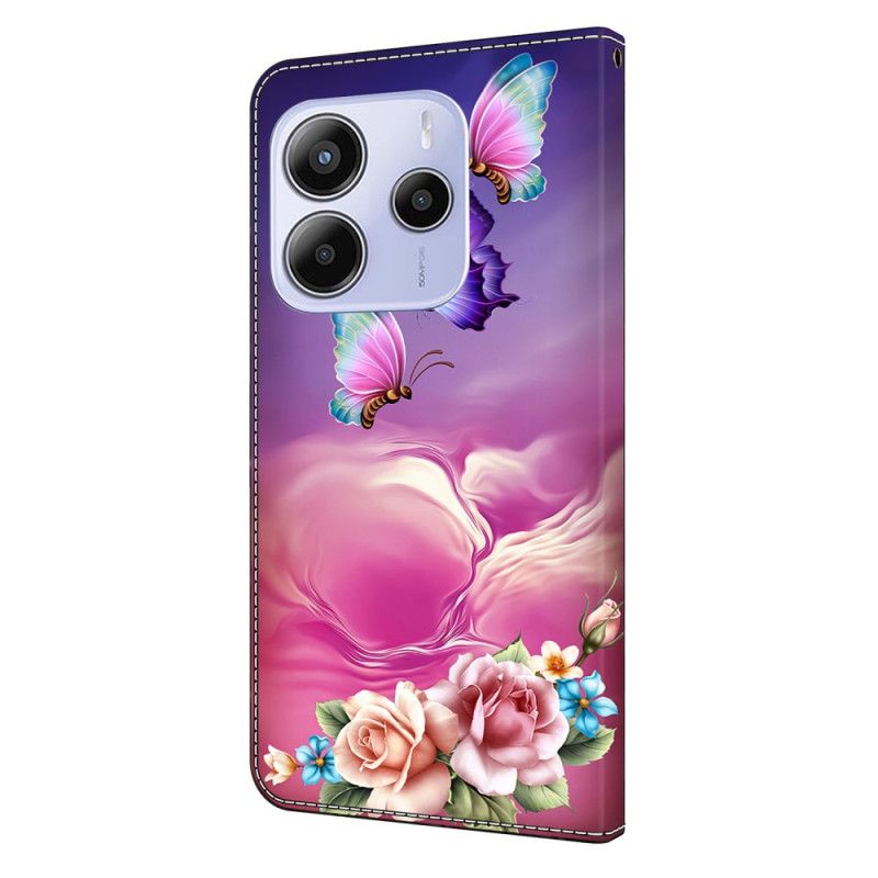 Læder Cover Xiaomi Redmi Note 14 4g Telefon Etui Blomstersommerfugle