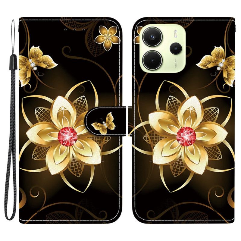 Læder Cover Xiaomi Redmi Note 14 4g Telefon Etui Gylden Blomst
