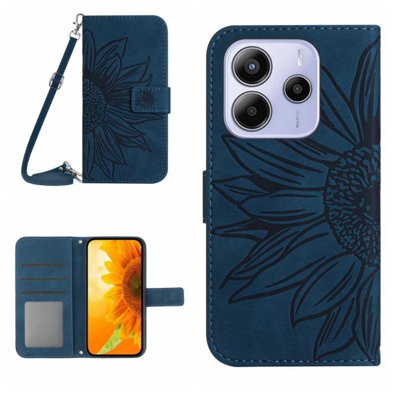 Læder Cover Xiaomi Redmi Note 14 4g Telefon Etui Solsikkeprint Med Skulderrem