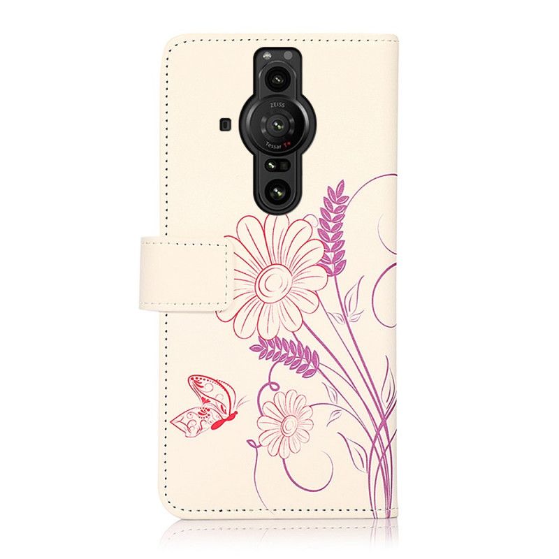 Læder Cover Sony Xperia Pro-i Tegning Sommerfugle Og Blomster
